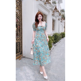 Váy thiết kế hoa xanh dáng dài