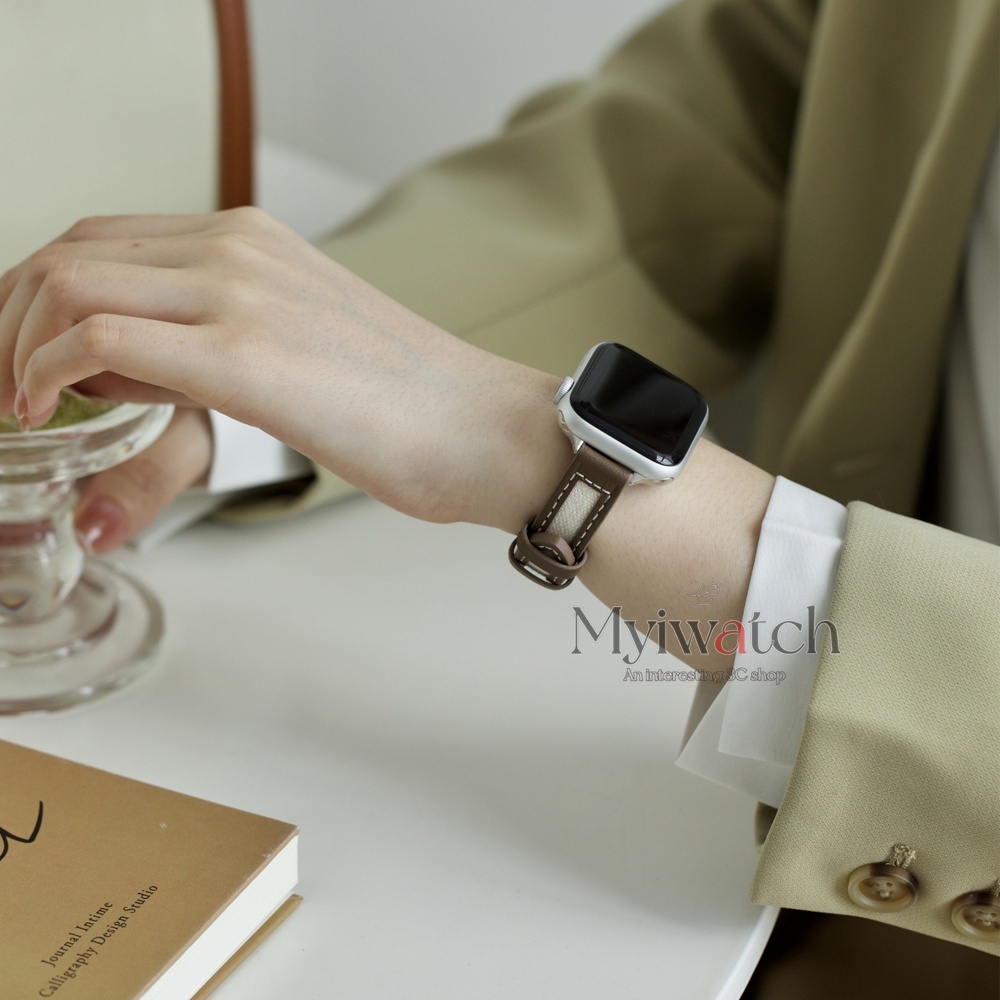 Dây Đeo Vải Canvas / Da 40mm 44mm 41mm 45mm 38mm 42mm Thời Trang Cho iWatch series 8 7 6 5 SE 4 3 2