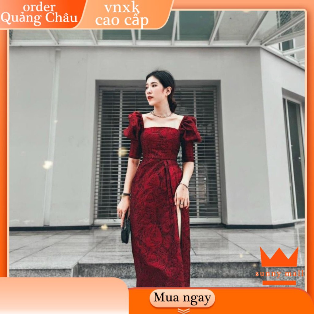 [CÓ SẴN] Đầm Gấm Xẻ Tà Tay Phồng đầm trắng dáng dài xòe dự tiệc công chúa bigsize giá rẻ đẹp ld2