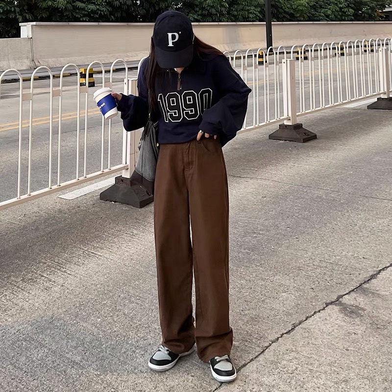 Quần kaki jean màu be/ nâu ống rộng lưng cao phong cách quảng châu | BigBuy360 - bigbuy360.vn