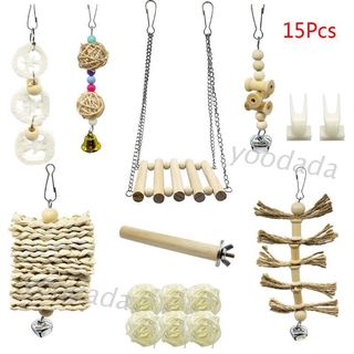 Bộ 15 món đồ chơi nhai/ xích đu/ thanh đứng/ chuông treo bằng gỗ dùng huấn luyện vẹt