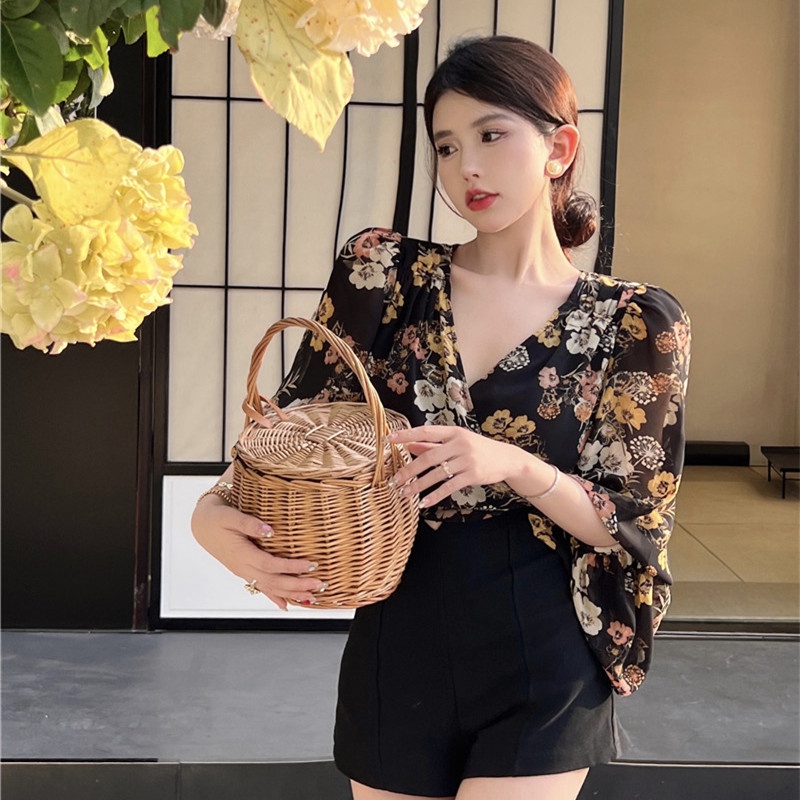 Áo Chiffon Ngắn Tay Phồng In Họa Tiết Thời Trang Mùa Hè Quyến Rũ Cho Nữ