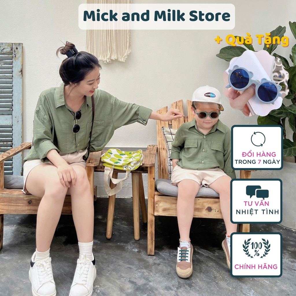 Áo sơ mi cho bé 1 đến 6 tuổi MICK AND MILK, Set áo đôi mẹ và bé màu xanh rêu chất đũi xước thoáng mát