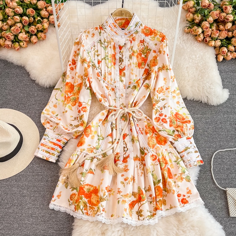 Phong cách cung điện retro cổ áo đứng tay áo đèn lồng tua thắt lưng eo in hoạ tiết đủ size