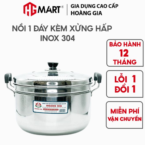 Nồi inox 1 đáy HG Mart nắp kính có xửng hấp nấu trên bếp từ [Bảo Hành 12 Tháng]