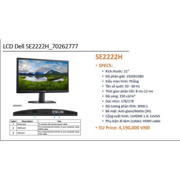 Màn hình máy tính LCD DELL SE2222H 21.5&quot;FHD 1920x1080 Chính hãng BH 36T