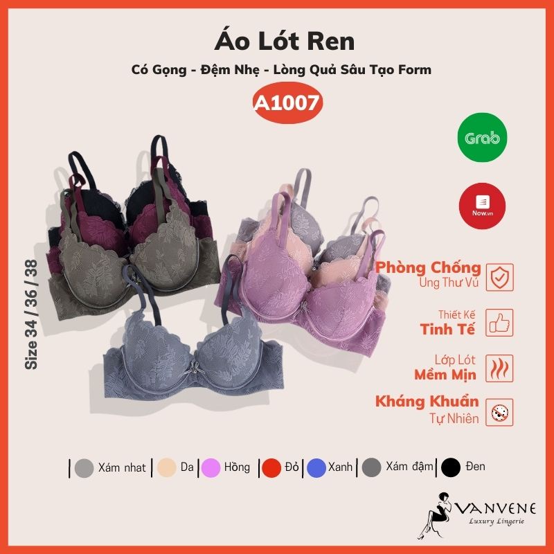 Áo Lót Ren Cao Cấp Vanvene Có Gọng, Đệm Nhẹ, Lòng Quả Sâu Tròn Tạo Form, Bản Lưng 2 Móc Cài A1007