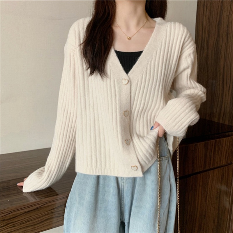 Hàng Sẵn_ Áo len dệt kim dài tay nút tim kiểu dáng ngọt ngào Hadu shop