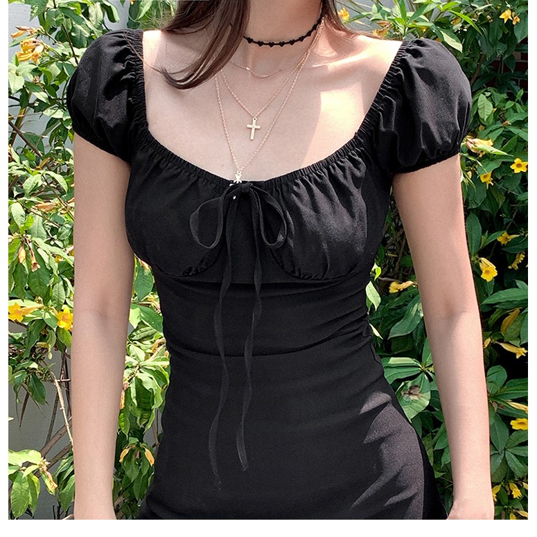 Đầm Váy Trễ Vai Chữ A Cổ Vuông Đen có Nơ Body Sexy