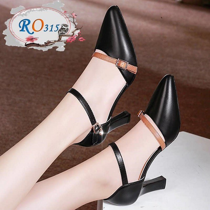 Giày sandal nữ cao gót 6p hàng hiệu rosata hai màu đen da ro315