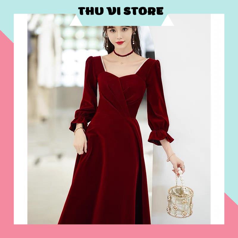 Váy Nhung Nữ Đỏ, Đầm Xòe Xếp Ly Ngực Phối Ngực Chất Nhung Dày Dặn Hàng Thiết Kế, Đủ Size Siêu Sang. | BigBuy360 - bigbuy360.vn