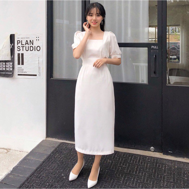 Đầm váy freesize trắng suông dài cổ vuông