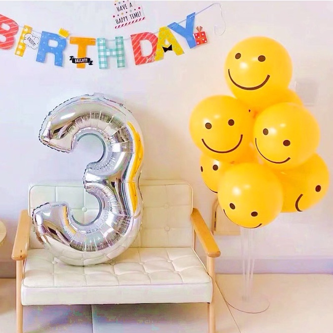 Bong bóng sinh nhật trắng in Happy Birthday To you, in I Love You, mặt cười vàng phụ kiện trang trí sinh nhật Hàn Quốc