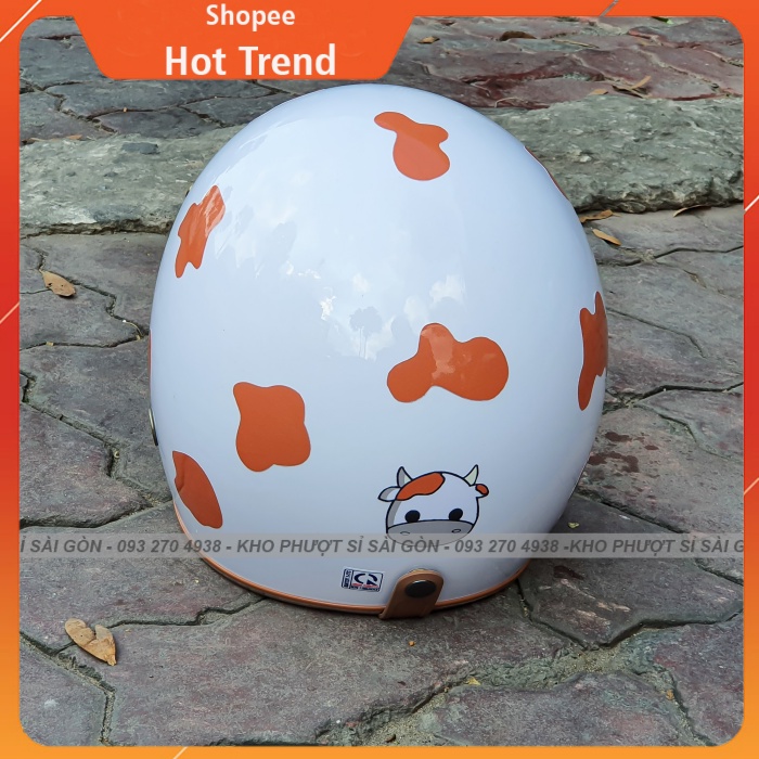 HOT Mũ bảo hiểm 3/4 trắng lót nâu kèm sticker bò sữa nâu siêu cute đi phượt - đi làm - Nón 3/4 hình bò sữa