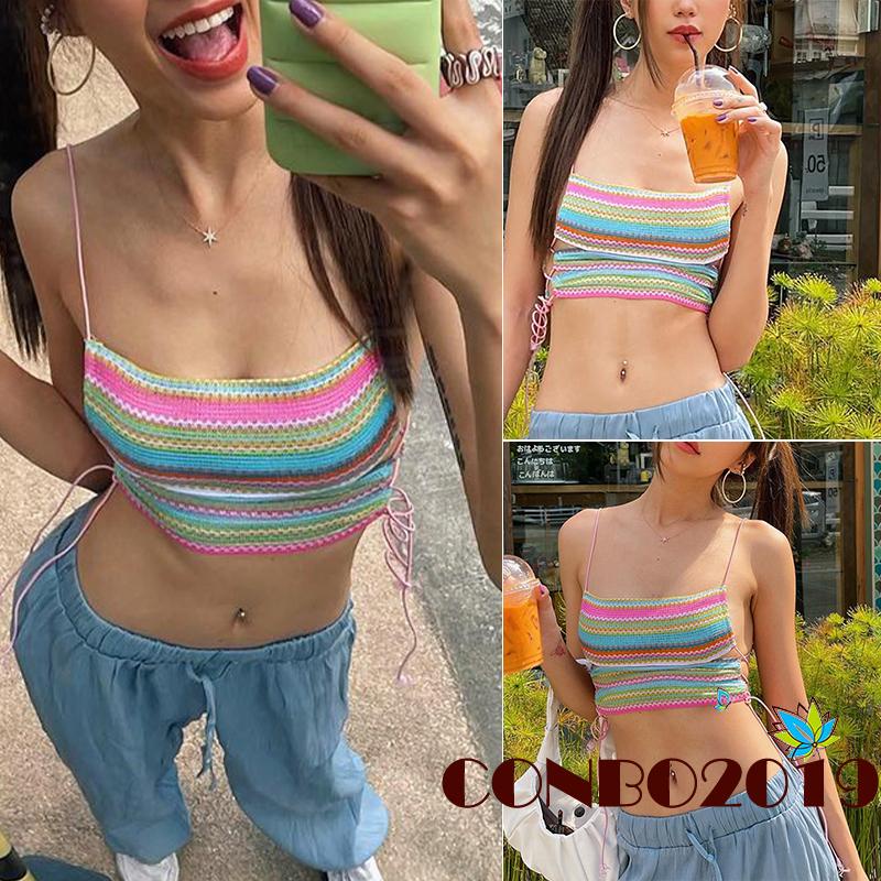 Hgm- Áo Crop Top Hai Dây Hở Lưng Họa Tiết Kẻ Sọc Nhiều Màu Sắc Cột Dây Gợi Cảm Mùa Hè Cho Nữ
