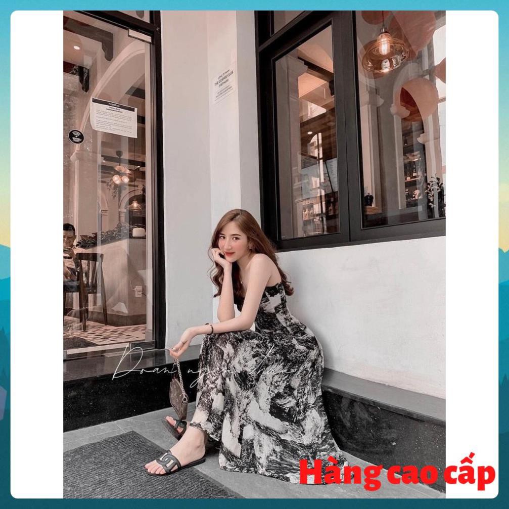 (Hàng cao cấp) Đầm maxi hai dây dáng dài họa tiết trắng đen thướt tha, đẹp dịu dàng Lemy | BigBuy360 - bigbuy360.vn