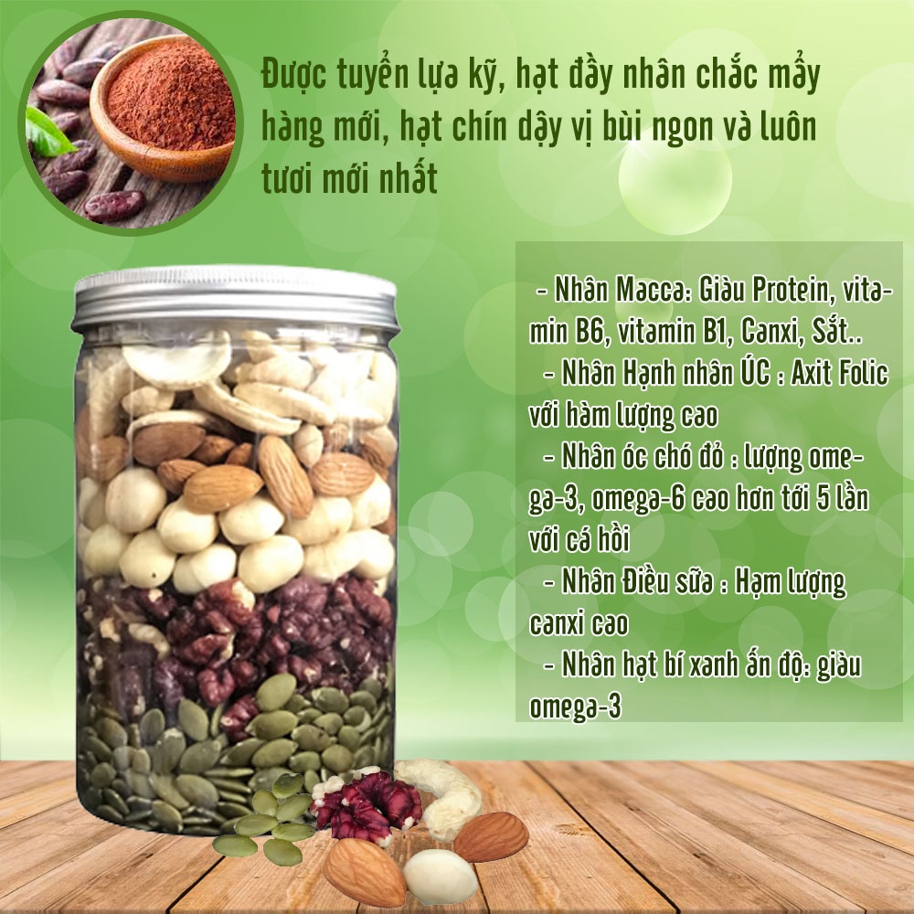 Hạt dinh dưỡng mix 5 vị hạt UQ17 hộp 500g gồm macca, hạnh nhân, óc chó, hạt điều, bí xanh đảm bảo chất lượng - U QUEEN