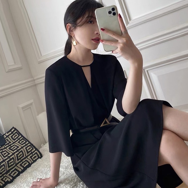 Đầm Dài Dáng Chữ a Cổ Chữ v Màu Đen Thời Trang Mùa Hè Phong Cách Pháp Cho Nữ
