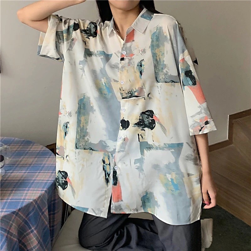 Áo sơ mi nam nữ oversize họa tiết loang núi dáng rộng unisex/ Áo sơ mi đôi cộc tay phom thụng ulzzang_veestore