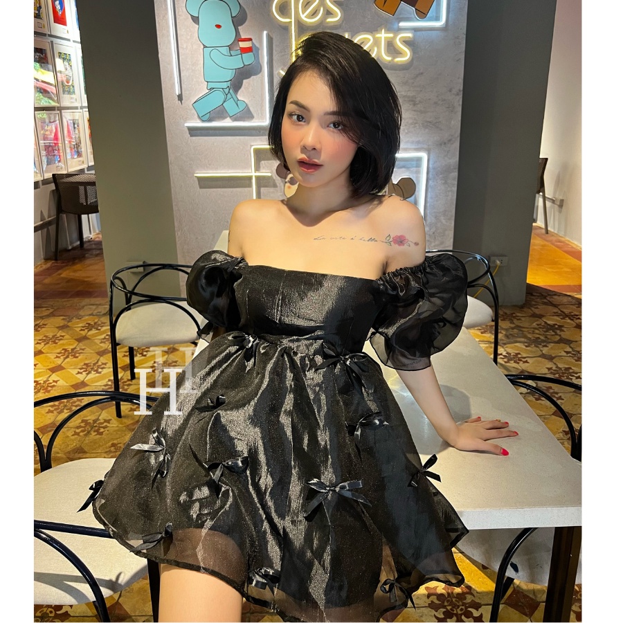 Đầm Babydoll xòe tay phồng đính nơ màu đen HDT274 Hỉn Hỉn Store