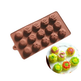 KHUÔN SILICON  ĐỔ SOCOLA RAU CÂU HÌNH 15 BÔNG HOA HƯỚNG DƯƠNG HỒNG CÚC