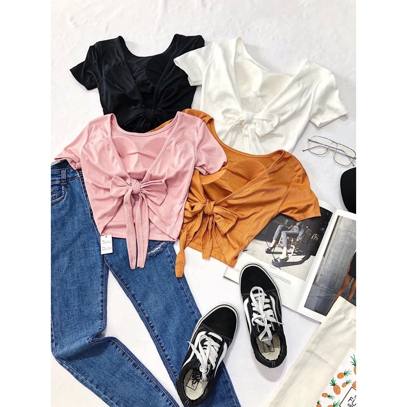 Áo kiểu nơ lưng thun gân kèm sẵn mút ngực | BigBuy360 - bigbuy360.vn