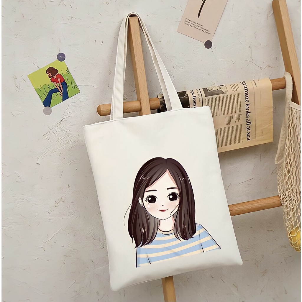Túi tote túi vải canvas phong cách Hàn Quốc hoạ tiết cô gái và hoa đáng yêu Thanhthushop68 554