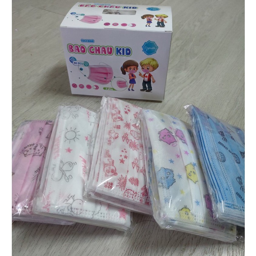 Combo 2 Hộp 50 chiếc khẩu trang y tế trẻ em 3 lớp hiệu Bảo Châu, đầy đủ giấy tờ kiểm định chất lượng