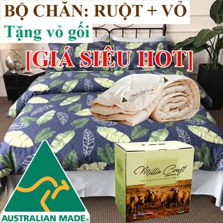 Bộ chăn lông cừu Úc (Ruột chăn + Vỏ chăn họa tiết lá)- TẶNG 02 VỎ GỐI