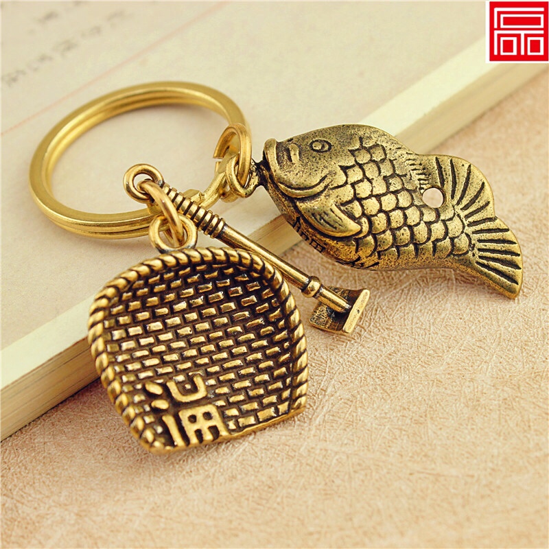 Làm bằng tay Trung Quốc phong cách tinh khiết đồng thau Keychain Mặt dây chuyền Phụ kiện sáng tạo cá tính Retro Xe chìa 