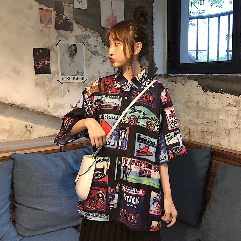 Áo sơ mi dáng rộng hoạ tiết in phong cách vintage Xiaozhainv | BigBuy360 - bigbuy360.vn