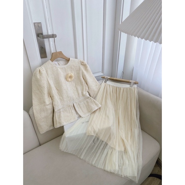 Set áo pelum bố tag hoa xinh kèm chân váy midi voan siêu xinh phong cách hàn quốc