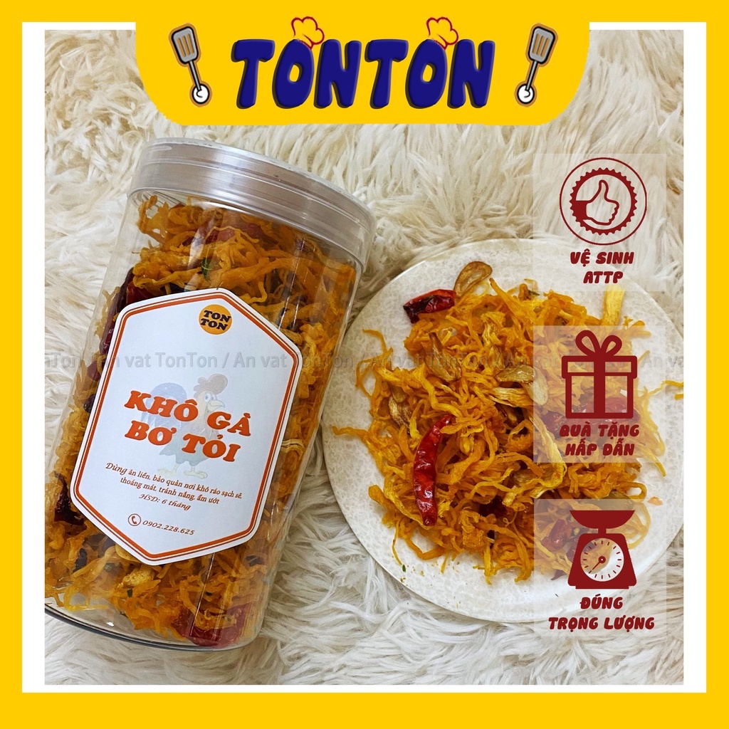 Khô gà bơ tỏi xé cay, giòn hũ pet 200g | TonTon đồ ăn vặt Hà Nội