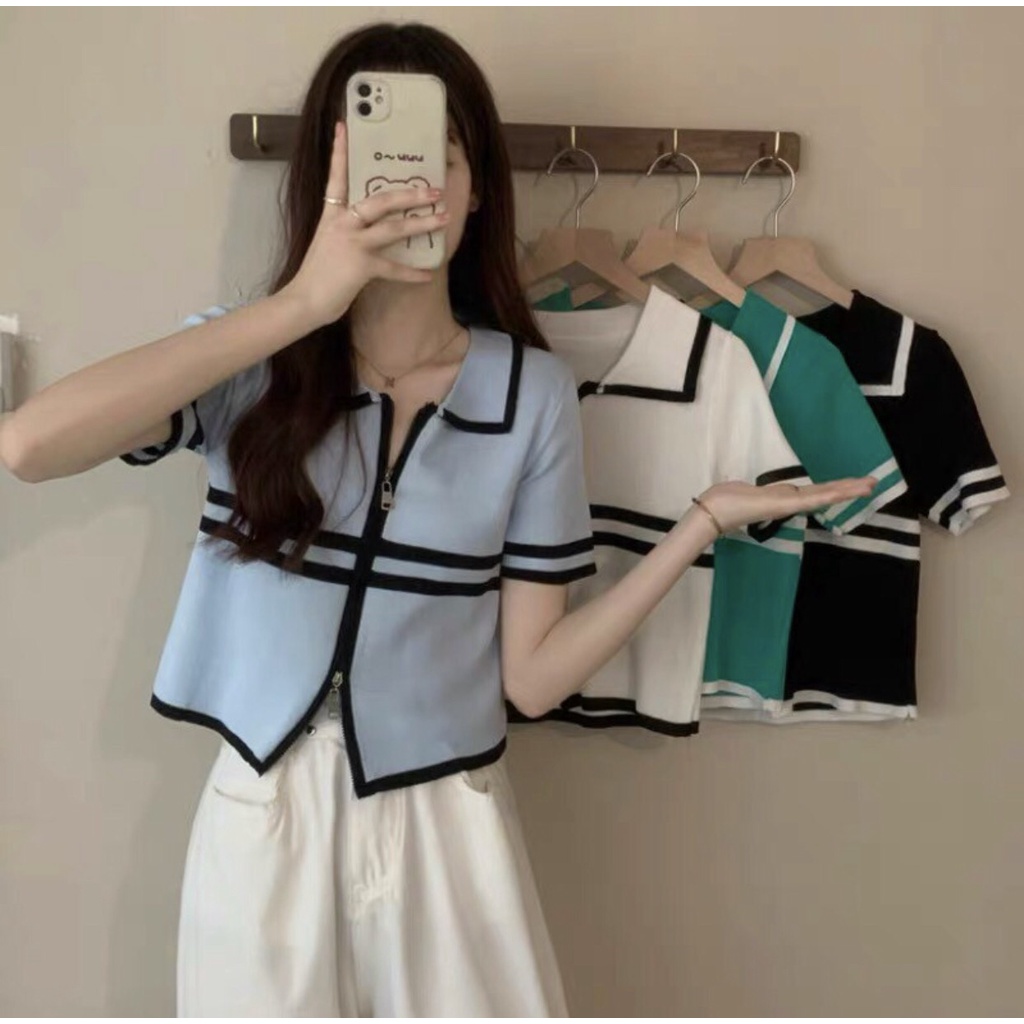 Áo polo croptop phối hoạ tiết kẻ kéo khoá kiểu ulzzang freesize