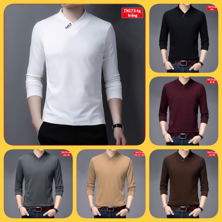 Áo phông nam tay dài cổ tim TN173 thoáng mát vải sợi tre tổng hợp đẹp trẻ trung