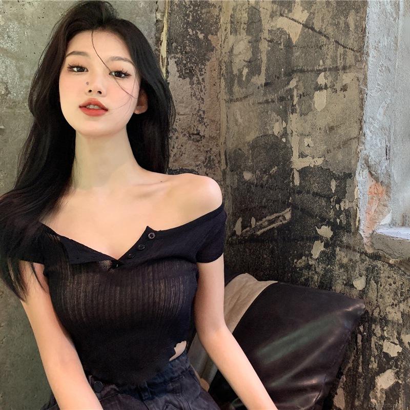 Áo Thun Dệt Kim Tay Ngắn Cổ Vuông Màu Trơn Thanh Lịch | BigBuy360 - bigbuy360.vn