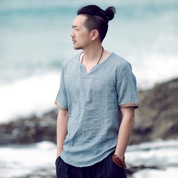 Áo Thun Tay Ngắn Vải Lanh Cotton Siêu Mỏng Dáng Rộng Cài Nút Kiểu Trung Hoa Retro