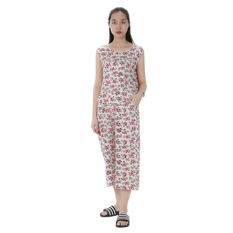 Bộ mặc nhà lanh (tole) chéo Hàn Vicci BST.086.7 quần ống sớ hoạ tiết hoa đỏ nền kem