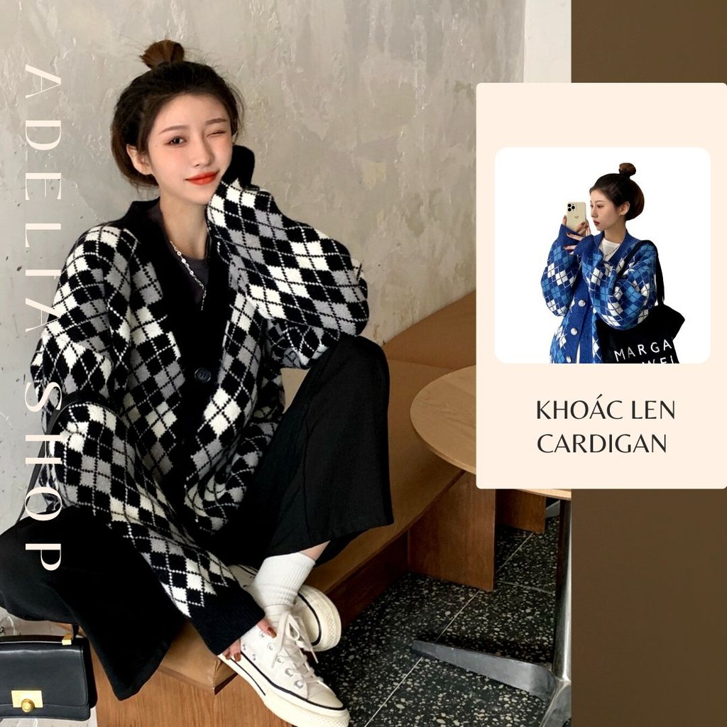 Khoác Len Cardigan | Áo Khoác Len Nữ Ulzzang Dệt Kim Họa Tiết Trám Ô Xinh Xắn 2 Màu Xanh Đen, Hàng Quảng Châu