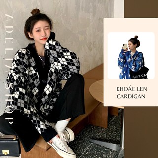 Khoác Len Cardigan | Áo Khoác Len Nữ Ulzzang Dệt Kim Họa Tiết Trám Ô Xinh Xắn 2 Màu Xanh Đen, Hàng Quảng Châu