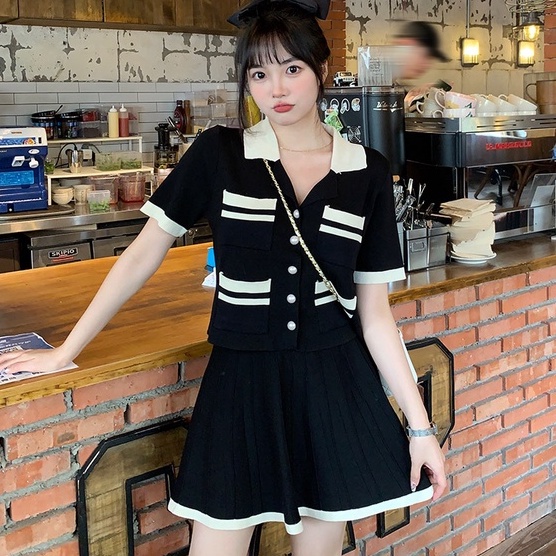 Set đồ 2 món ZHELIHANGFEI gồm áo sơ mi dệt kim cổ polo ngắn tay và chân váy eo cao phong cách gợi cảm