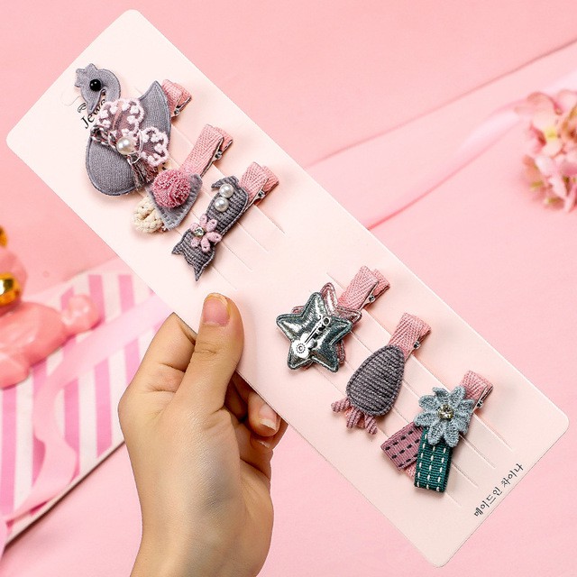 Set 6 kẹp tóc màu hồng cho bé gái style Hàn Quốc dễ thương, xinh xắn
