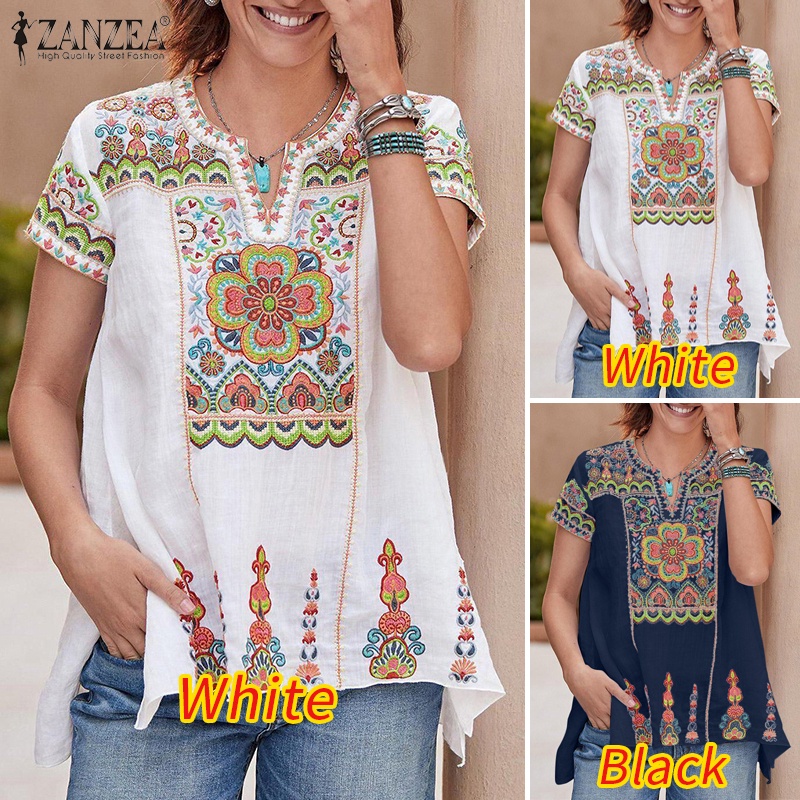 Áo kiểu Zanzea tay ngắn cổ chữ v in họa tiết phong cách vintage thời trang thanh lịch cho nữ