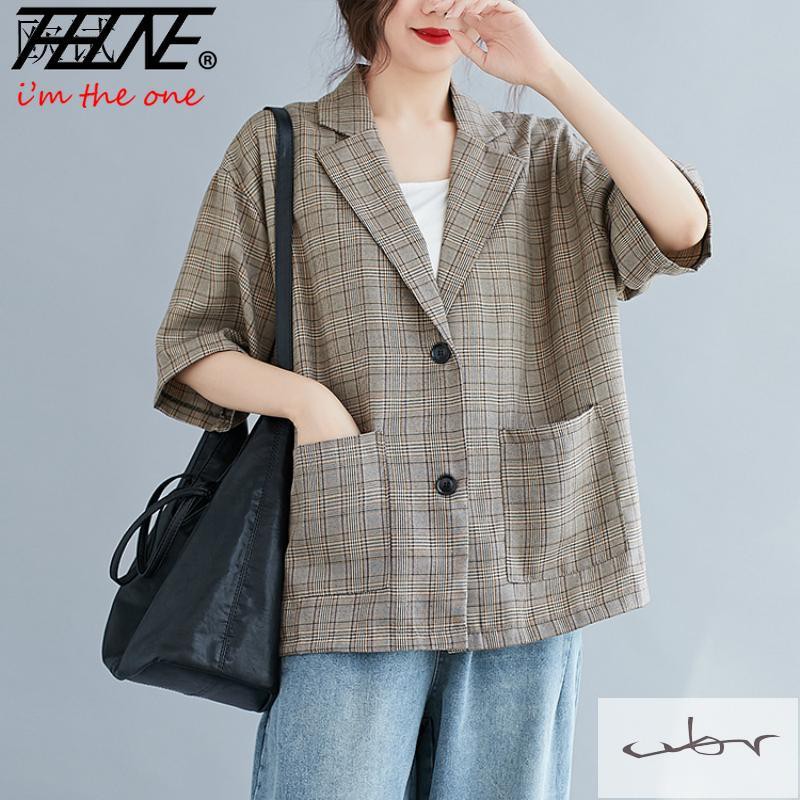 Áo Khoác Blazer Tay Lửng Dáng Rộng Họa Tiết Sọc Caro Thời Trang Xuân Thu Hàn Quốc Cho Nữ