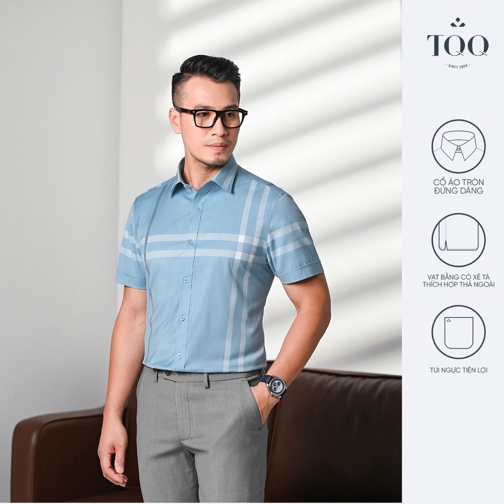 Áo sơ mi nam ngắn tay TQQ dáng Slim fit công sở ôm nhẹ K434CB màu xanh biển lịch thiệp chất vải cao cấp hạn chế nhăn