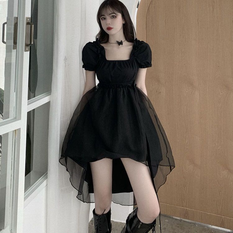 Đầm Xòe Tay Ngắn Phồng Màu Đen Thời Trang Mùa Hè 2022 Cho Nữ