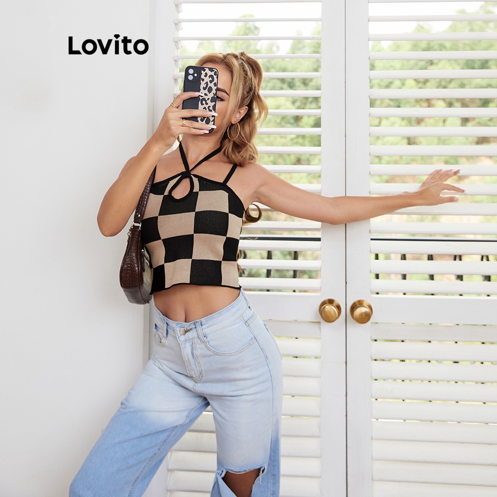 【Gợi ý từ KOL】Áo hai dây Lovito cổ yếm họa tiết caro ghép nối màu sắc phong cách thường ngày L06092 (Màu đen)