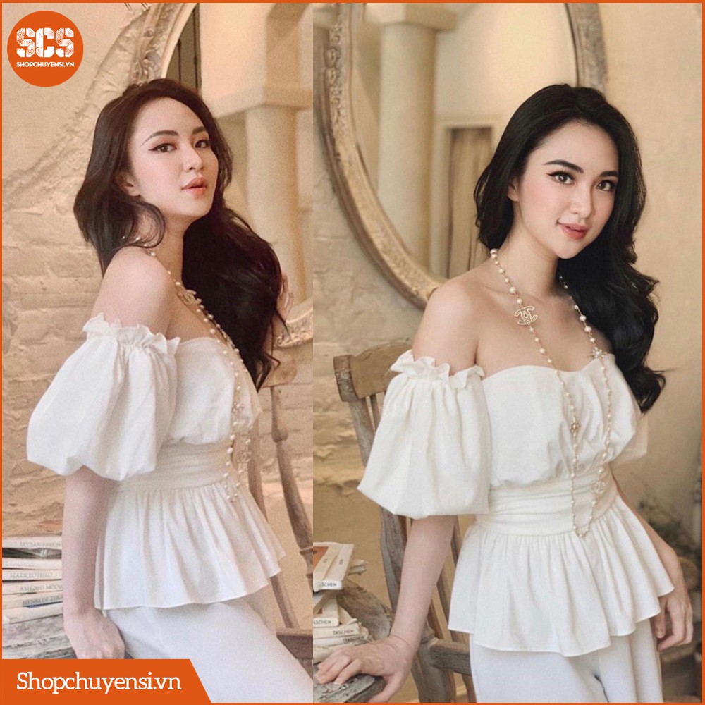 Áo peplum trễ vai tay phồng màu trắng