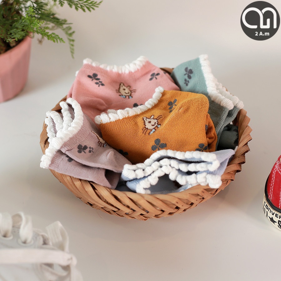 Tất Vớ Cổ Ngắn Nữ Thời Trang Họa Tiết Chuột Và Lá Nhiều Màu Unisex Style Hàn Quốc