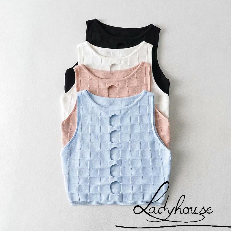 Áo Croptop Dệt Kim Không Tay Màu Trơn Họa Tiết Kẻ Sọc Cho Nữ